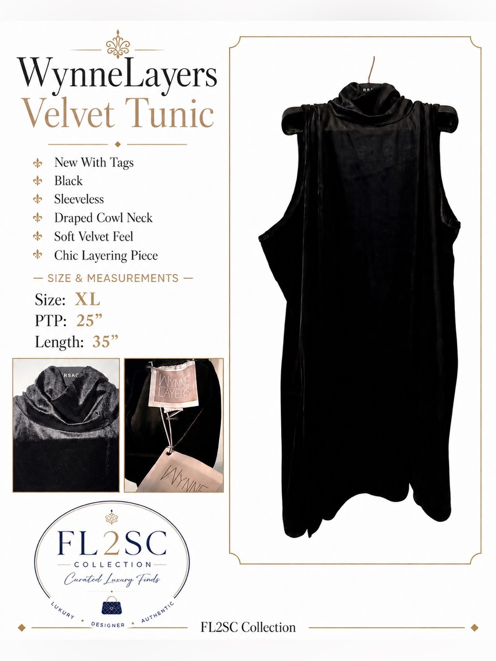 WynneLayers Black Velvet Sleeveless Cowl Neck Tunic
